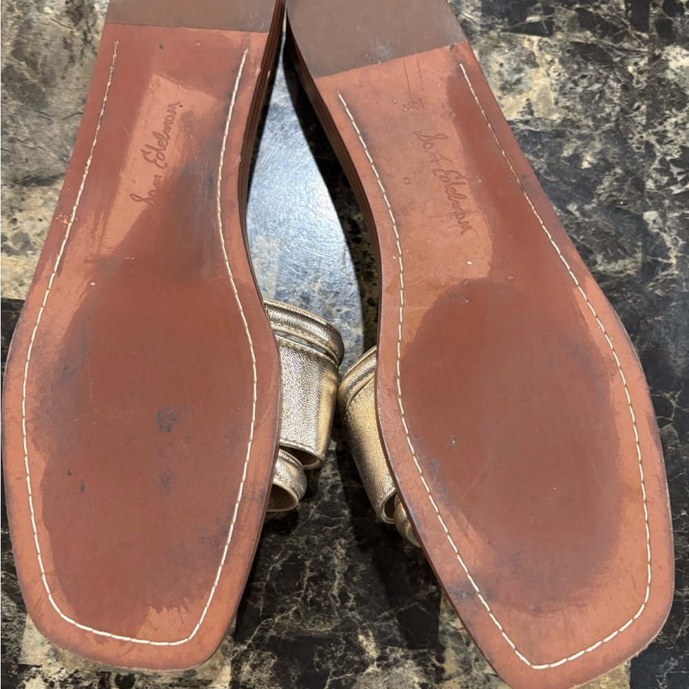 SAM EDELMAN IRINA GOLD LEATHER LOGO SLIDE FLAT SANDALS ( WOMENS 10.5 ) Preowned - Picture 6 of 8